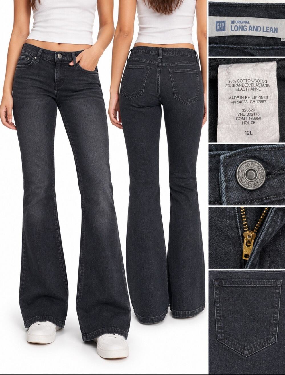 Y2K Indie Sleaze Gap Long and Lean Bootcut Jeans Sz 12L Black Wash Stretch 2000s